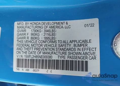 2022 Honda Civic Sport z USA, uszkodzony, nr VIN 19XFL2H85NE009380